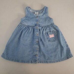 Vintage OshKosh B'gosh Denim Dress Girls 3T Button Front Pocket USA 90s Prairie